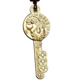 Feng Shui Wealth Attraction Key Pendant, Brass Ancient Chinese Coin Design, Traditional Lucky Charm