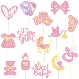 24 Pack It's a Girl Cupcake Toppers Pink Glitter Oh Baby Shower Cupcake Toppers for Baby Shower Gender Reveal Girls Birthday Party Supplies
