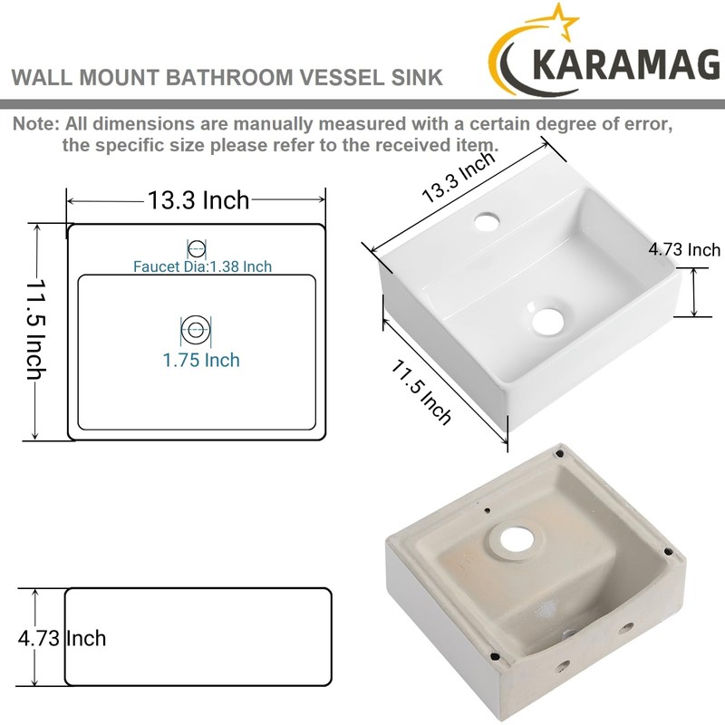 KARAMAG Small Vessel Sink 13"x11" Wall Mount Bathroom Sink Rectangular