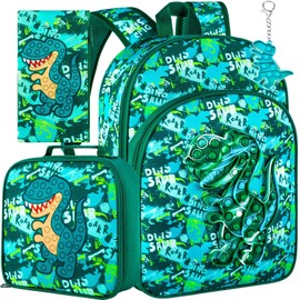 WZLVO 3PCS Dinosaur Backpack for Boys, 16”Kids Prechool Bookbag, Elementary Kindergarten School Bag and Lunch Box