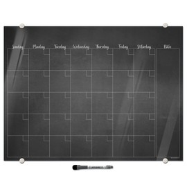 Dry Erase Glass Whiteboard Monthly Calendar for Home and Office Wall | Fine-Tip Dry Erase Marker and Mounting Hardware Included | 18" x 24" (Faux Chalkboard)