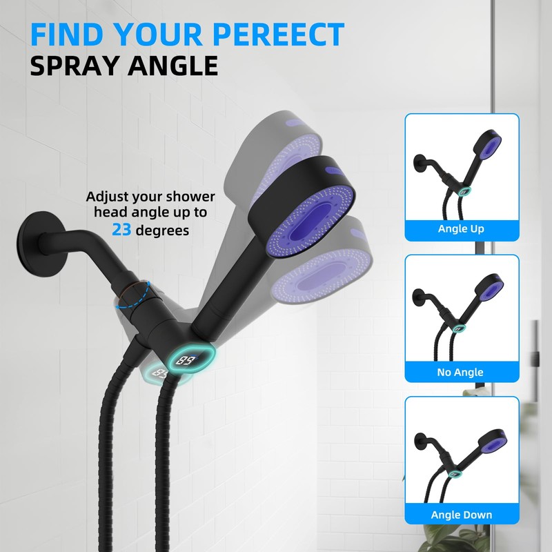 Hibbent Upgraded Metal Shower Head Holder with LED Display Thermometer,