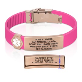 Divoti Divoti Custom Dual-Sided Engraved Silicone Medical Alert ID Wristband w/Security Clasp & Trim-to-Fit Vivid Pink Silicone Band w/Security Clasp - 14MM PVD Rose Gold/White