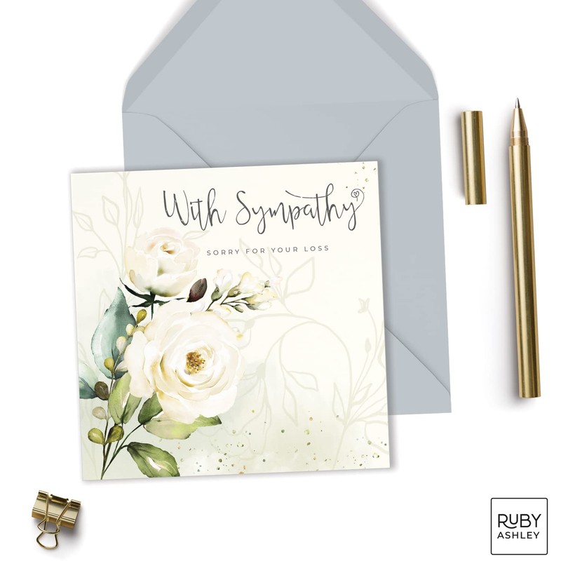 Ruby Ashley With Sympathy White Roses Condolence Card - Sympathy,