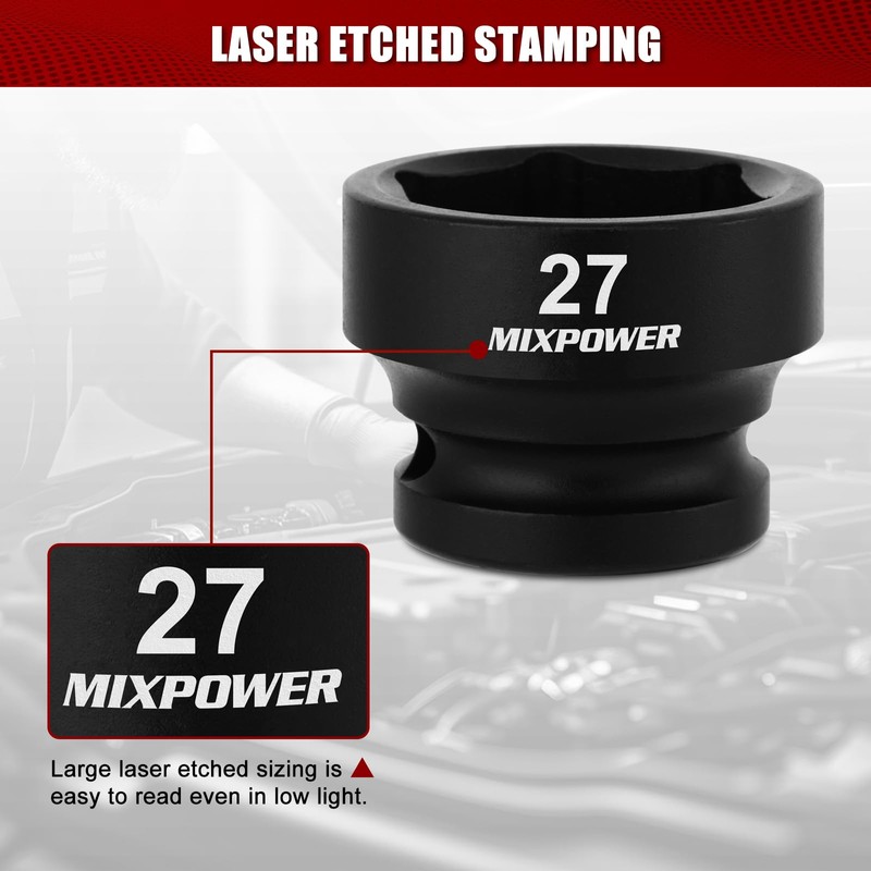 MIXPOWER 1/2" Drive Stubby Impact Socket,CR-MO,27mm,6-Point,Metric,Radius Corner Design, Axle Nut