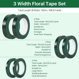 Worldity 6 Rolls Green Floral Tape, 3 Widths (1/2", 5/8", 3/4") Waterproof Plant Tape, Florist Tape for Fresh Flowers, Bouquet Stem Wrapping, Floral Arranging, Wedding Bouquet & Floral Crafts