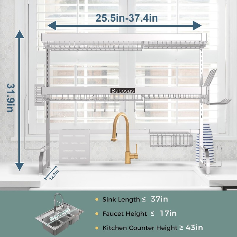 Over The Sink Dish Drying Rack,3 Tier Adjustable Length (25.5''