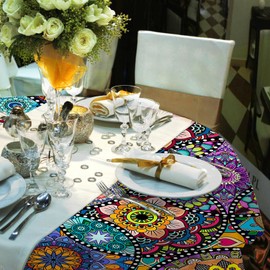 iEvery Tablecloth Washable Round 150 Tablecloth Boho Style for Outdoor Use Round Garden Tablecloth Mandala Outdoor Table Cloth Weatherproof for Garden Kitchen Garden Table Dining Table Party