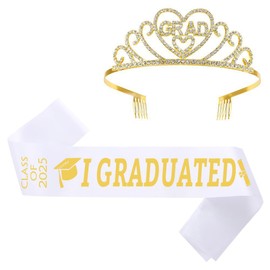 QYCX 2025 Graduation Tiara & Sash Set – Rhinestone Crown, Gold Headband, Grad Party Decorations Graduation Party Supplies