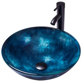 YIMAI Ingenuity Vessel Sink 16.5" Bathroom Sinks Tempered Glass Blue Art Basin Round Bowl with Faucet Combo Blue,Modern Countertop Bowl Sink for Lavatory Vanity Cabinet