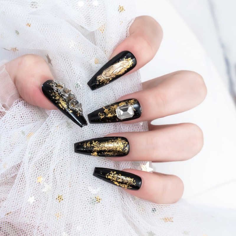 Sun&Beam Nails Handmade Nail Tip, Medium, Long, Ballerina, Black, Gold,