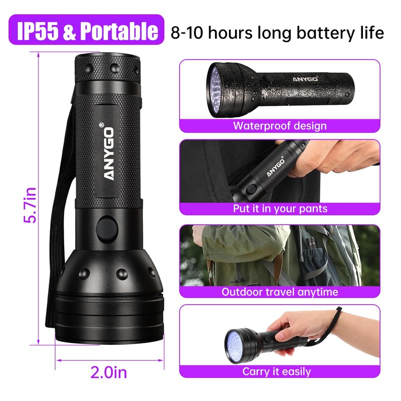ANYGO 51 LED UV Black Light Flashlight, 395nm Portable Ultraviolet