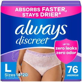 Always Discreet Adult Incontinence Underwear for Women and Postpartum Underwear, Large, Up to 100% Bladder Leak Protection, 76 Count (2 Packs of 38)