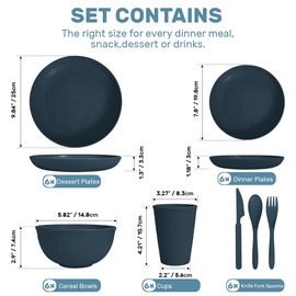 Wheat Straw Dinnerware Sets for 6 (42pcs), SGAOFIEE Plastic Plates and Bowls Sets, Dinner Plates, Pasta Bowls, Cereal Bowls, Microwave Dishwasher Safe Plates and Bowls Sets, Camping Dishes, Blue