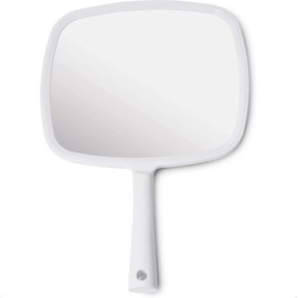 Mirrorvana - Espejo de mano con mango plano ergonómico, espejo de mano portátil para maquillaje, corte de pelo, salón, peluquería y uso dental, 20 cm de ancho x 28 cm de largo (blanco)
