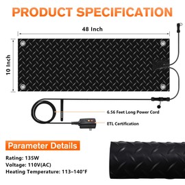 Juilsioa 10 Inch x 48 Inch Outdoor Snow Melting Mat, Anti-Slip Heated Walkway Mat with Power Cord, Outside Ice Melt Mat for Doorway Stair Step Path Roof