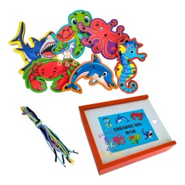 Juego Didáctico Enhebrar Animales Marinos Montessori Madera Arca México                                                                               