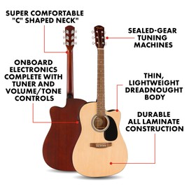 Fender FA-25CE Dreadnought Acoustic Electric Guitar, Beginner Guitar, with 2-Year Warranty, Includes Built-in Tuner and On-Board Volume and Tone Controls, Comes with Free Lessons, Natural