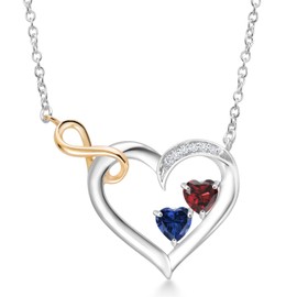 925 Sterling Silver and 10K Yellow Gold Red Garnet Blue Created Sapphire and White Lab Grown Diamond Infinity Heart Pendant Necklace For Women (0.86 Cttw, Heart Shape 4MM, with 18 Inch Chain)