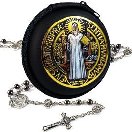 PLONKLY St Michael & St Benedict Hematite Rosary Necklace for Men - Catholic Gifts with Premium Gift Box