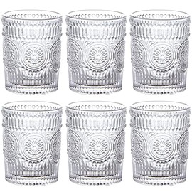 MDLUU 6-Pack Embossed Drinking Glasses, Romantic Glassware, Vintage Glass Tumblers for Juice, Beverages, Cocktail, Capacity 9oz/265ml