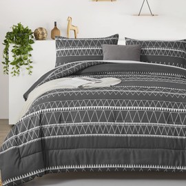 WONGS BEDDING Dark Grey Comforter Set Queen, Boho Reversible Gray Bedding Set - 3 Pieces (1 Striped Comforter + 2 Pillowcases), Microfiber Down Alternative for Queen Bed 90"×90"