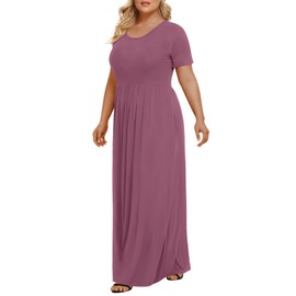 LONGYUAN Woman Plus Size Holiday Dress Casual Summer Short Sleeve Long Dresses with Pockets Purple Red, 2XL