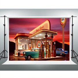 VIDMOT 50s Backdrop for Bathday Party Route 66 Gas Station Vintage Car Photography Background 10x7ft Party Decor Banner Photo Studio Photography Props BJXPVV10