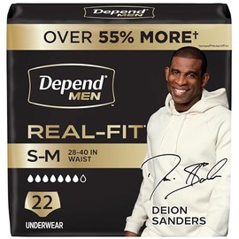 Depend Real Fit Incontinencia Ropa interior para hombres, Máxima absorción, desechable, pequeño/mediano, gris, 22 unidades (el embalaje puede variar)