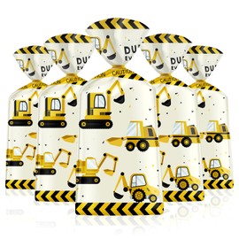 50 Pack Construction Party Favor Bags - Construction Theme Treat Bags, Truck Themed Cello Cellophane Gift Candy Goodie Bags with Gold Twist Ties for Kids Construction Birthday Party Supplies Favors