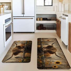HSOWKDN Farmhouse Kitchen Rugs Sets of 2 Non Slip Washable, Rustic Brown Highland Cow Kitchen Mats for Floor 2 Piece Home Decor