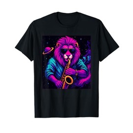 Lion Playing Saxophone Outer Space Vaporwave Jazz Galaxy T-Shirt
