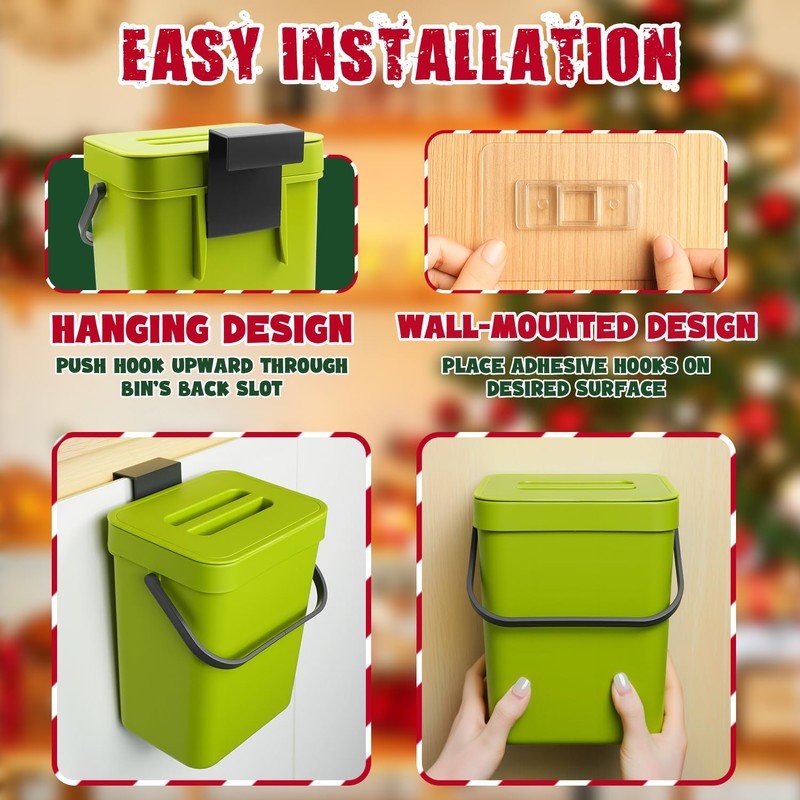 COMTAR Kitchen Waste Bin with Hooks 5L, Indoor Kitchen Sealed