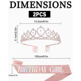 JEXOWIQ Birthday Girl Decoration Sash and Tiara, Birthday Queen Sash & Rhinestone Tiara Set Birthday Tiaras and Sashes for Girls Birthday Decorations Hair Accessories Glitter Sash for Party