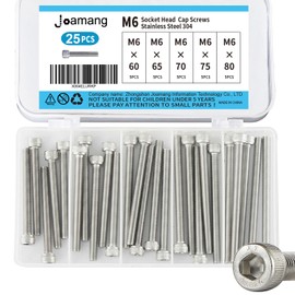 Joamang M6 x 60mm 65mm 70mm 75mm 80mm Socket Head Cap Screws Bolts, Stainless Steel 304, Metric Allen Hex Drive, Bright Finish, Fully Threaded, Assortment Kit 25PCS