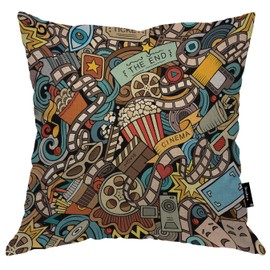Beabes Cinema Theme Throw Pillowcases Cute Cinema Movie Popcorn Filmstrip Soft Throw Pillow Covers Cushion Case Living Room Bed Sofa Car Dorm 18 X 18 Inches Cotton Linen