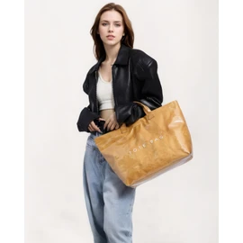 RUNSOON PVC Trendy Tote Bag for Women, Kraft Paper the Letter Print Tote Bag Large Work Tote Handbag Clear Plastic Bag Kelly Bag with Top Handle, Khaki Brown