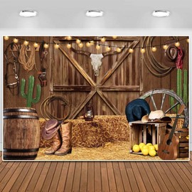 ChloropLastid Western Cowboy Backdrop Western Party Decorations Wild West Vintage Wooden House Barn Door Photography Background Cowboy Theme Party Decorations Banner Booth 10x8ft