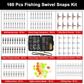 Realure 160 Pcs/box Fishing Swivel Snaps Kit Sea Fishing Barrel Swivel Snaps Ball Bearing Swivels Fishing Tackle with Multiple Fishing Swivels and Clips Luminous Fishing Beads for Saltwater Freshwater