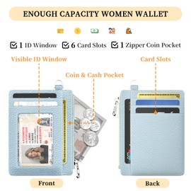 Hancynir Slim Wallet Women Credit Card Holder, Minimalist RFID Blocking Small Mini Card Wallets, Cute Front Pocket PU Leather Card Case, Thin Travel Zipper Coin Cash Ladies Female Wallet Gifts Blue