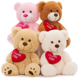 Karister 4Pcs Valentine Teddy Bear with Red Heart, Cute Bulk Teddy Bear Stuffed Animal, 12" "I Love You Stuffed Bear Plush Gifts for Girlfriend Kids (Apricot& Cream& Pink& Brown)