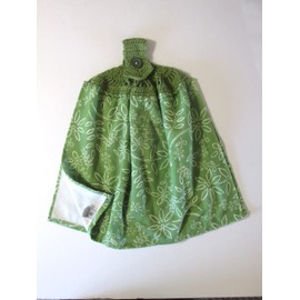 Green Sketched Daisies Towel - Double Thickness Hanging Kitchen Portugese Towel - Green Cotton Crochet Top