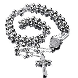 30" Stainless Steel Rosary Beads Necklace 6mm Silver Color with Jesus Christ Crucifix Cross