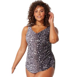 Swimsuits For All Women's Plus Size Sarong Front One Piece Swimsuit - 12, Silver Foil Leopard