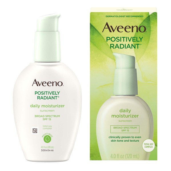 Aveeno Positively Radiant Daily Facial Moisturizer with Broad Spectrum SPF 15 Sunscreen & Total Soy Complex for Even Tone & Texture, Hypoallergenic, Oil-Free & Non-Comedogenic, 4 fl. oz