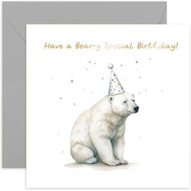 Old English Co. Polar Bear Birthday Card for Her - Fun Bear Party Hat Birthday Card for Mum, Dad, Daughter, Son - Gold Foil Birthday Card for Women and Men | Blank Inside with Envelope