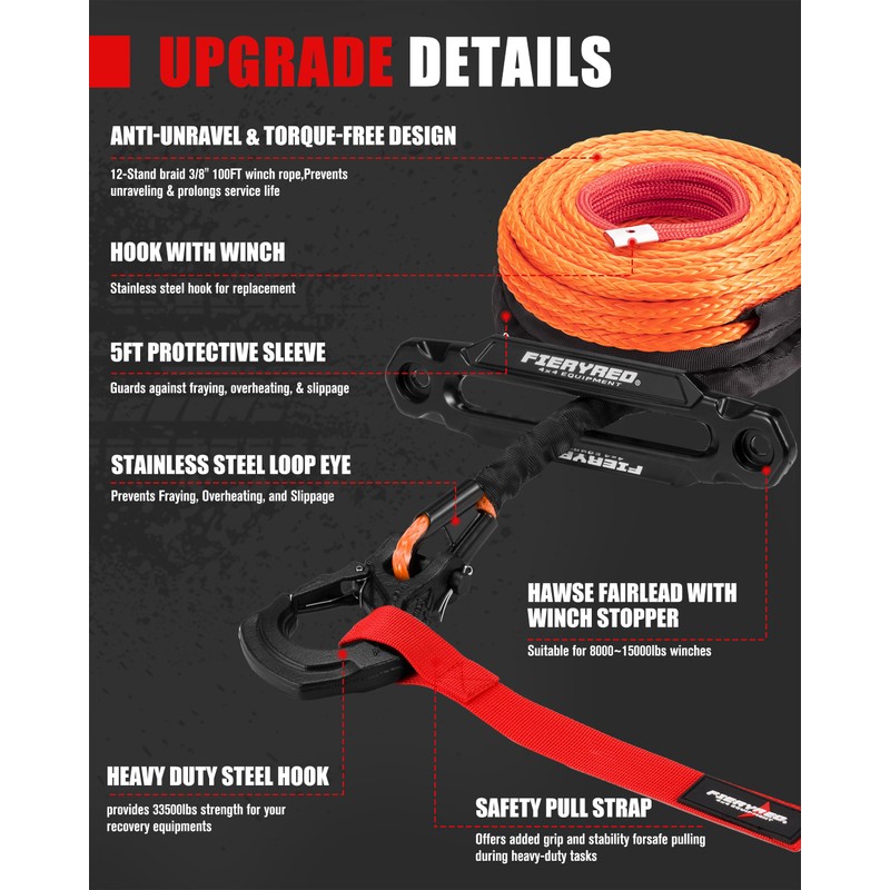 FIERYRED Synthetic Winch Rope 3/8 Inch 100FT - 26500Ibs Winch