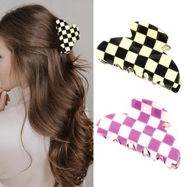YUEELI 2 PCS Checkered Hair Claw Clips Acrylic Semicircle Checker Barrettes Vintage Hair Clips Strong Hold Hair Claw Clips for Women Thick Thin Curly Hair, Black and Purple