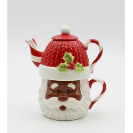 Fine Ceramic Christmas African American Black Santa Tea For One Set (Teapot with Tea Cup Set), 7-1/8" H