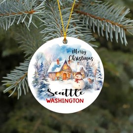 Christmas Ornament 2023 Gift City State Seattle Washington Ornaments Happy New Year Ornament Keepsake Holiday Xmas Tree Decoration Present Family MDF Plastic 3" White